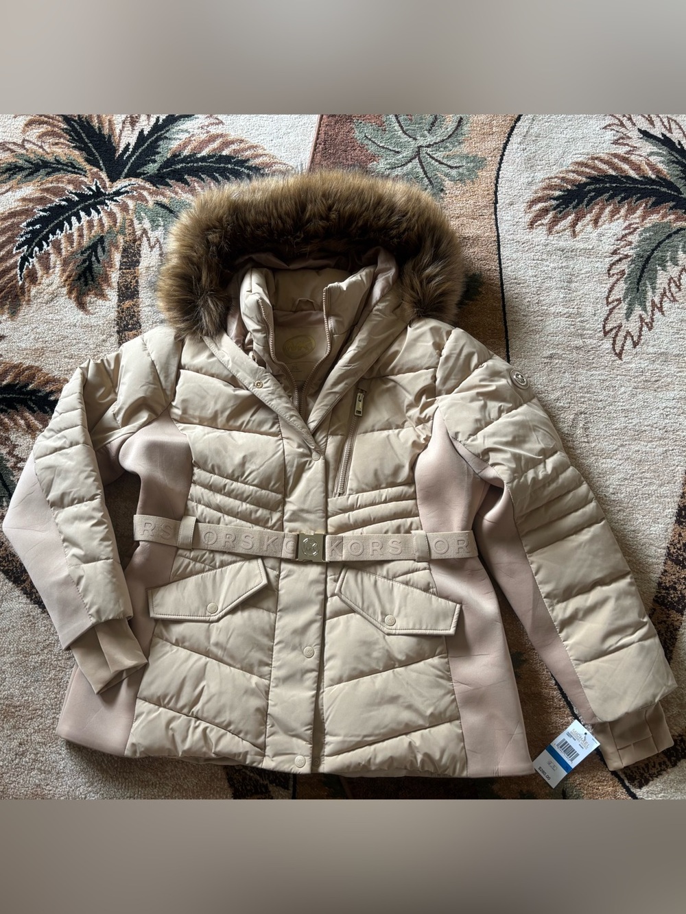 Michael Kors 💅❄️ Khaki Belted MK Designer Fur Hood Jacket Coat Size XL NWT $280